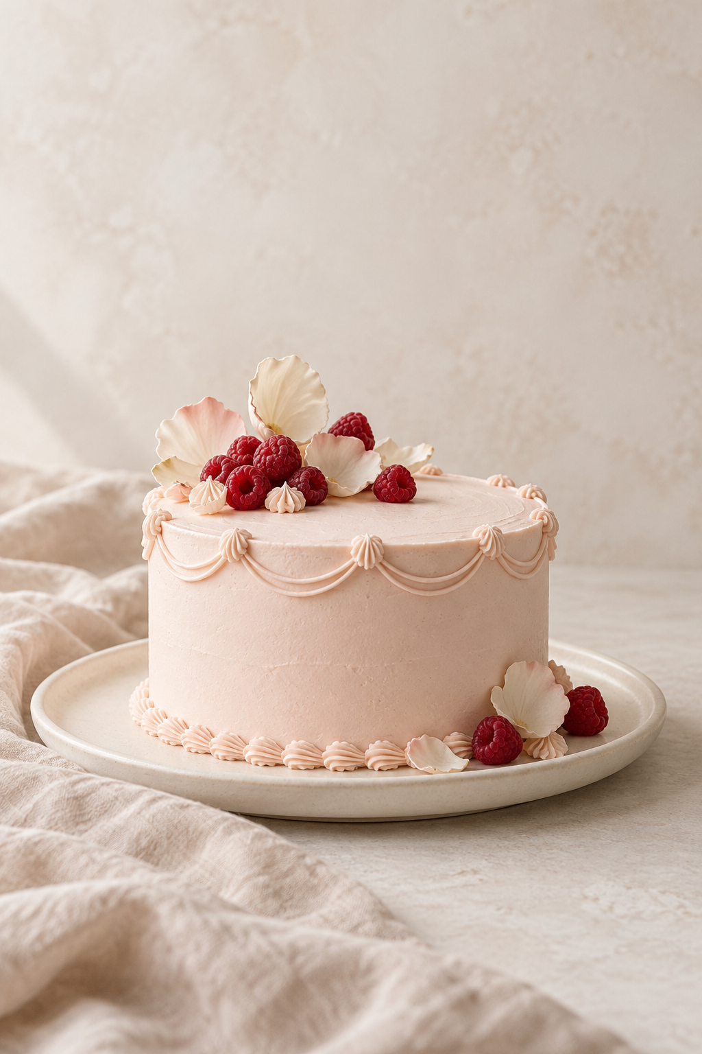 AI concept: pale blush cake with berries