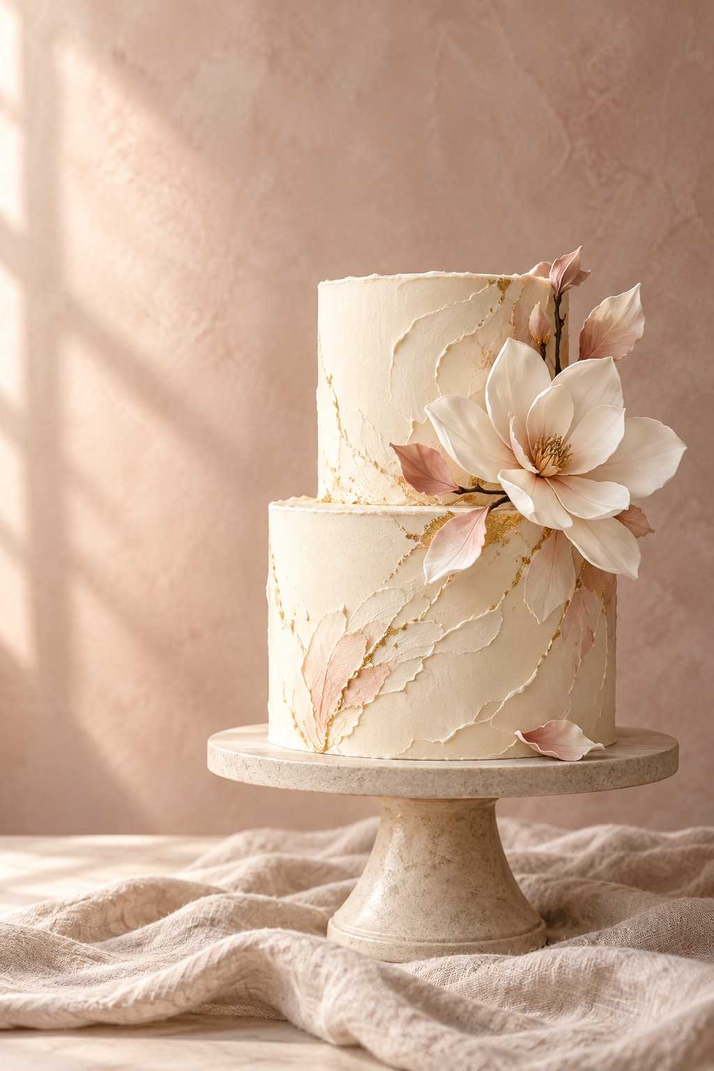 AI concept of an ivory celebration cake with a sugar flower, shown only to review the visual direction