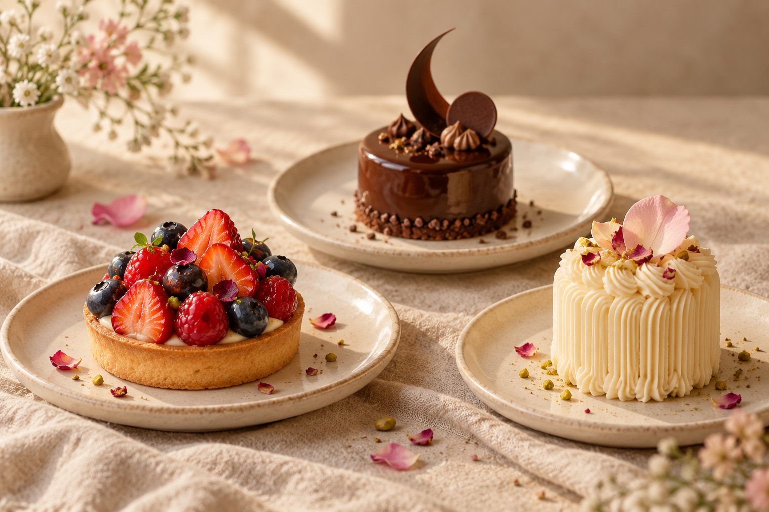 AI concept: a composition of three fine desserts